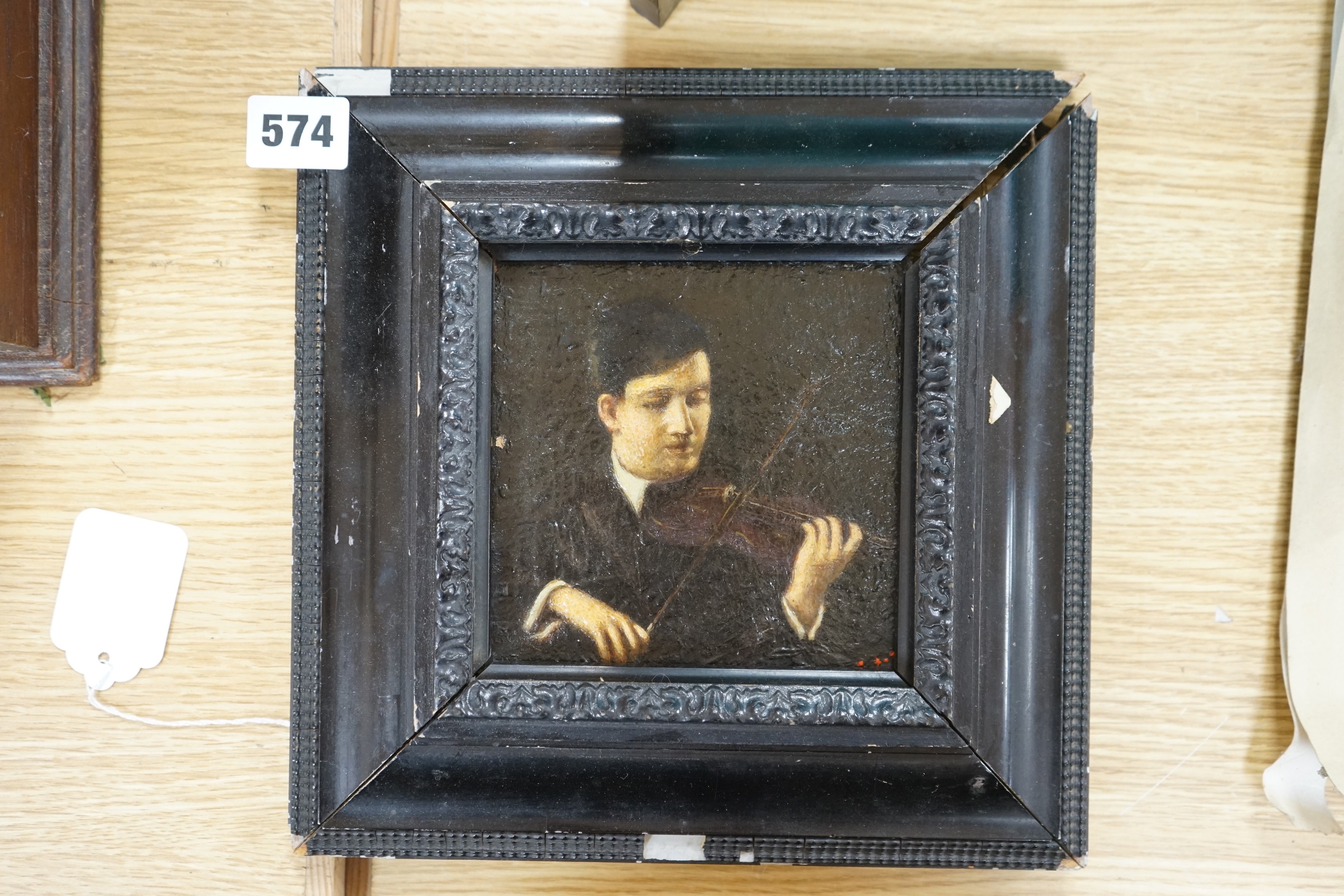 English School, oil on card, Portrait of a violinist, initialled, 12 x 12cm